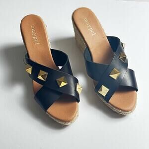 Maypol Women's Genuine Leather Upper Black Gold Studded Heeled Wedge Sz 39